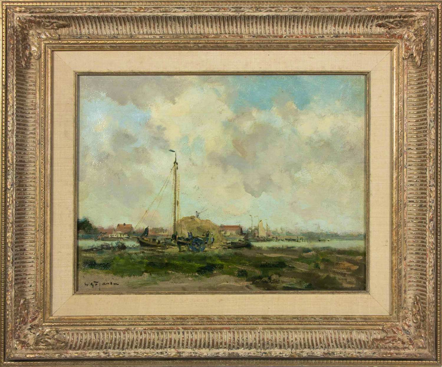 Buy Willem G.F. Jansen - Olieverf op doek, Hooischuit aan kade - Ingelijst? Bid from 450!