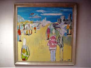 Niet of onleesbaar gesigneerd - Vrolijk modern Acryl/Doek schilderij "Strandgezicht" gesigneerd en GROOT!! verkocht voor € 1!