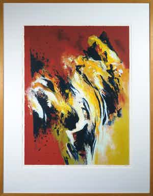 Mattie Schilders - Zeefdruk, Gele rotsen als wolken om een bergtop - Ingelijst (Groot) verkocht voor € 50!