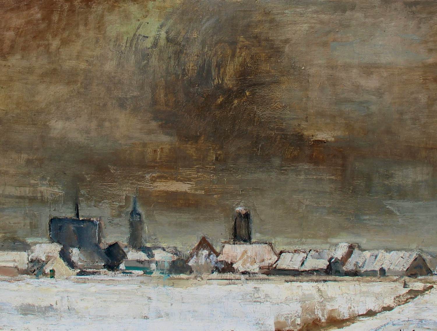 Jose Van Gucht - Olieverf op doek: 'zicht op een besneeuwd landschap' - 1956 kopen? Bied vanaf 299!