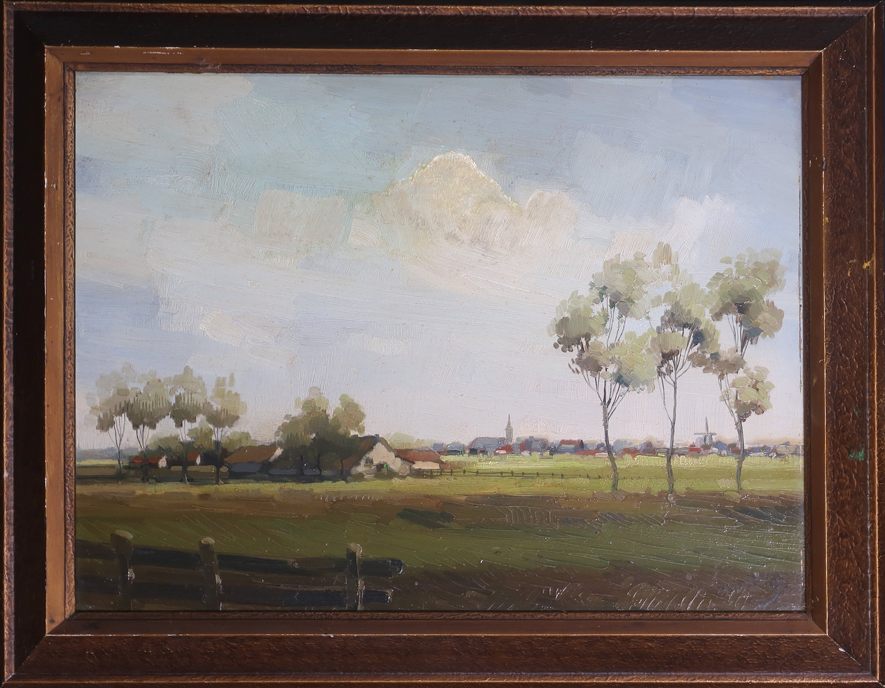 Adriaan van der Plas - Olieverf op board, Boerderijen in landschap - Ingelijst verkocht voor € 100!