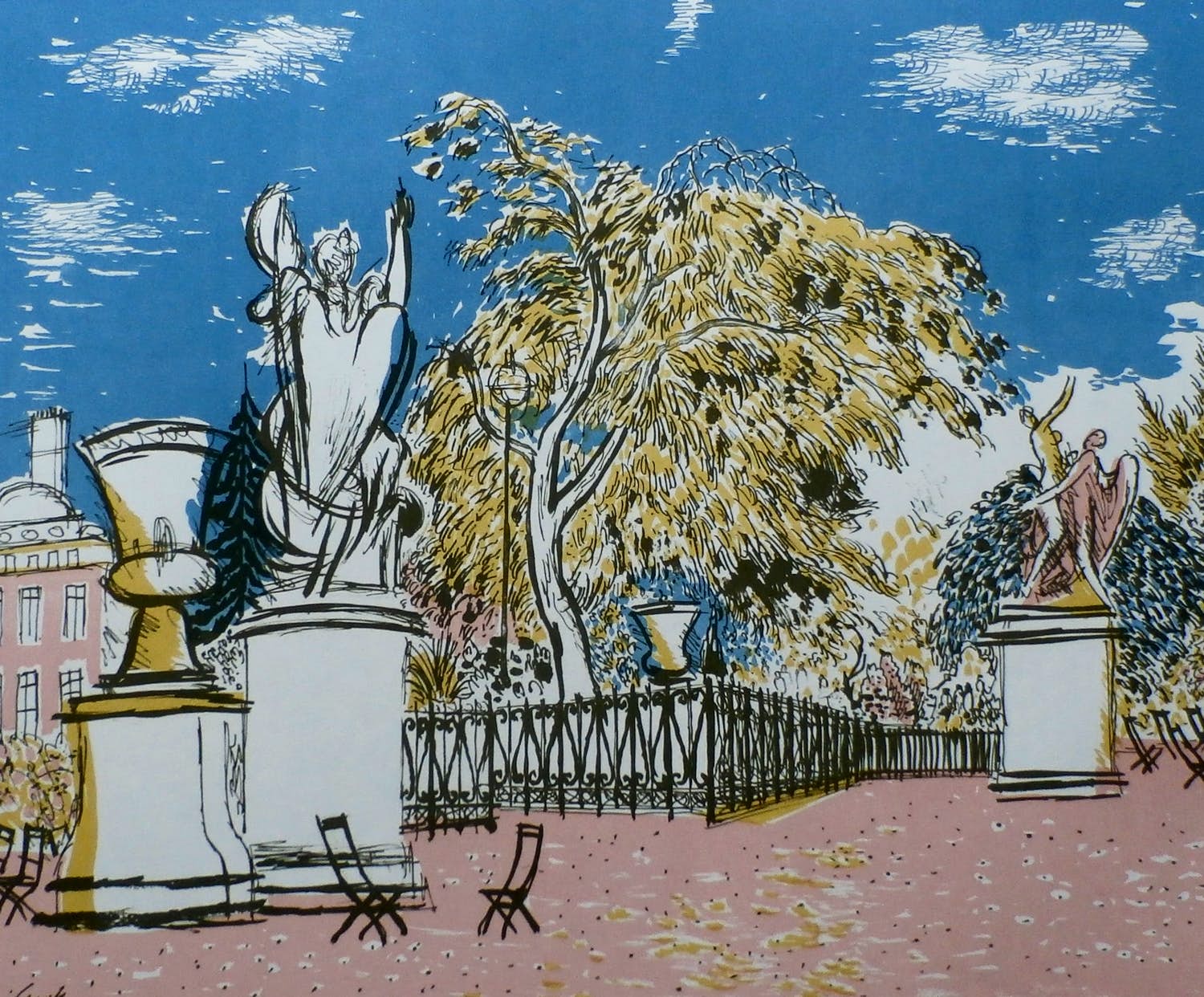 Charles Eyck - Kleurenlitho: Park met standbeelden kopen? Bied vanaf 25!