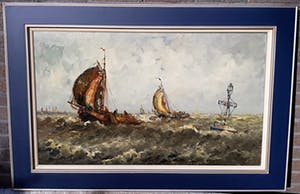 Buy Willem Bos - Boten bij boei op woelige zee, olieverf op doek (mooi ingelijst, groot)? Bid from 1!