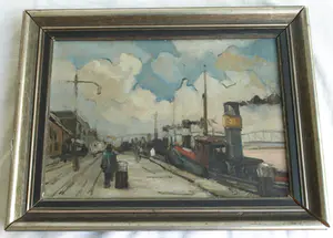 Niet of onleesbaar gesigneerd - Olieverf op doek , Aan de kade - ingelijst kopen? Bied vanaf 1!