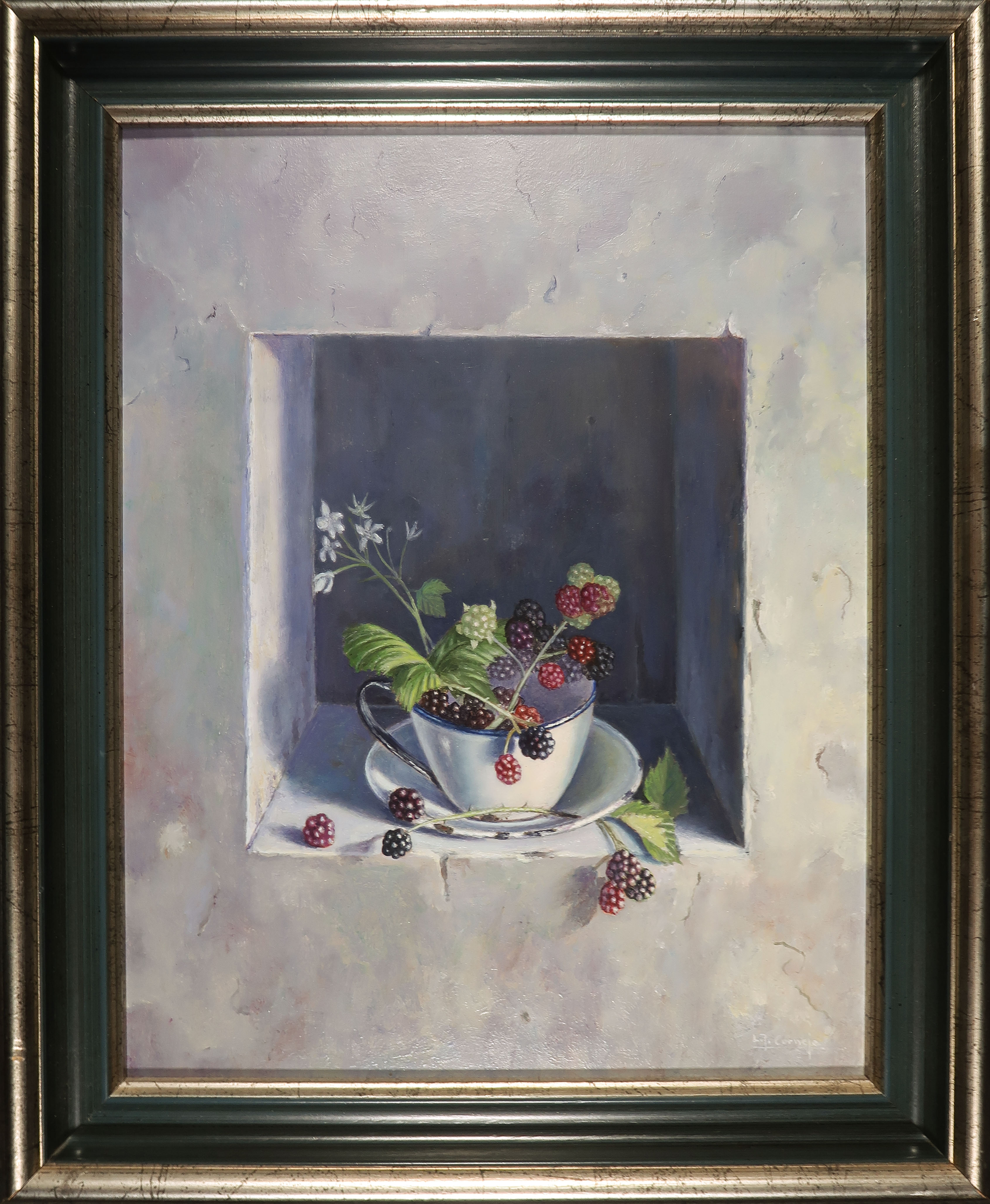 L. Javier Cornejo - Olieverf op hardboard, Tasje met bramen - Ingelijst kopen? Bied vanaf 150!