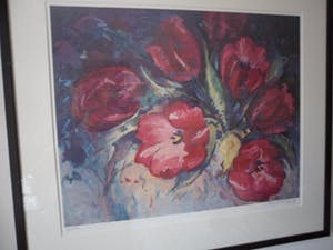 Mary Koekenbier - Zeefdruk. Titel, "Beaujolais Joli Bouget". kopen? Bied vanaf 60!