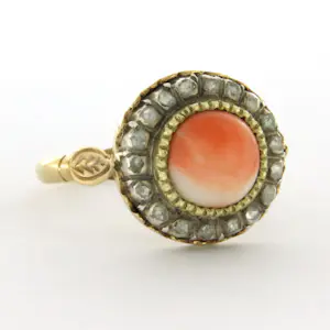 14k goud en zilver ring met koraal en roos geslepen diamant tot. 0.15ct kopen? Bied vanaf 560!