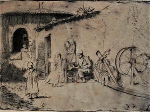 Niet of onleesbaar gesigneerd - Zeer oude Ets "Figuren op een binnenplaats" Rembrandt kwaliteit kopen? Bied vanaf 1!