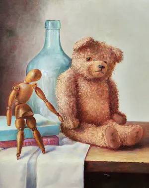 Eduard Pieter Moleveld - Knap geschilderd olieverf stilleven "teddybeer op tafel" in mooie lijst kopen? Bied vanaf 138!