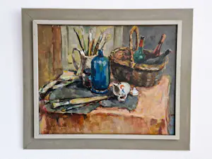 Niet of onleesbaar gesigneerd - Groot olieverf stilleven "schilders benodigdheden" gesigneerd - mooi ingelijst kopen? Bied vanaf 10!