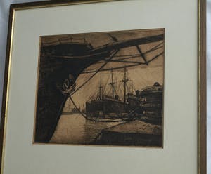 Ton Meyer - Ets, Havengezicht – Enkhuizen? - gesigneerd & ingelijst - 1923 kopen? Bied vanaf 10!