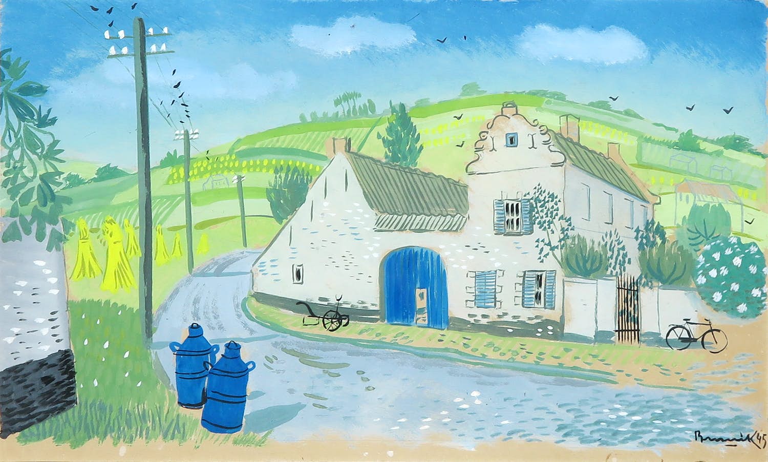 Herman Berserik - Gouache, Hoeve met melkbussen - Ingelijst kopen? Bied vanaf 1500!