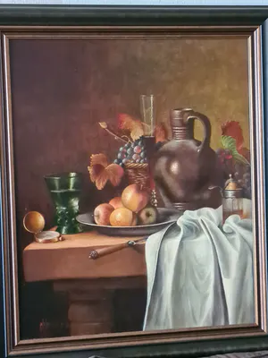 Hans Habraken - Stilleven met aardewerken kruik, druiven en appels kopen? Bied vanaf 450!