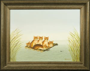 Mieke Hoogendorp - Olieverf op doek, Poesjes loerend naar een visje - Ingelijst kopen? Bied vanaf 100!