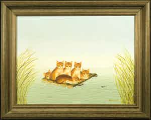 Mieke Hoogendorp - Olieverf op doek, Poesjes loerend naar een visje - Ingelijst verkocht voor € 100!