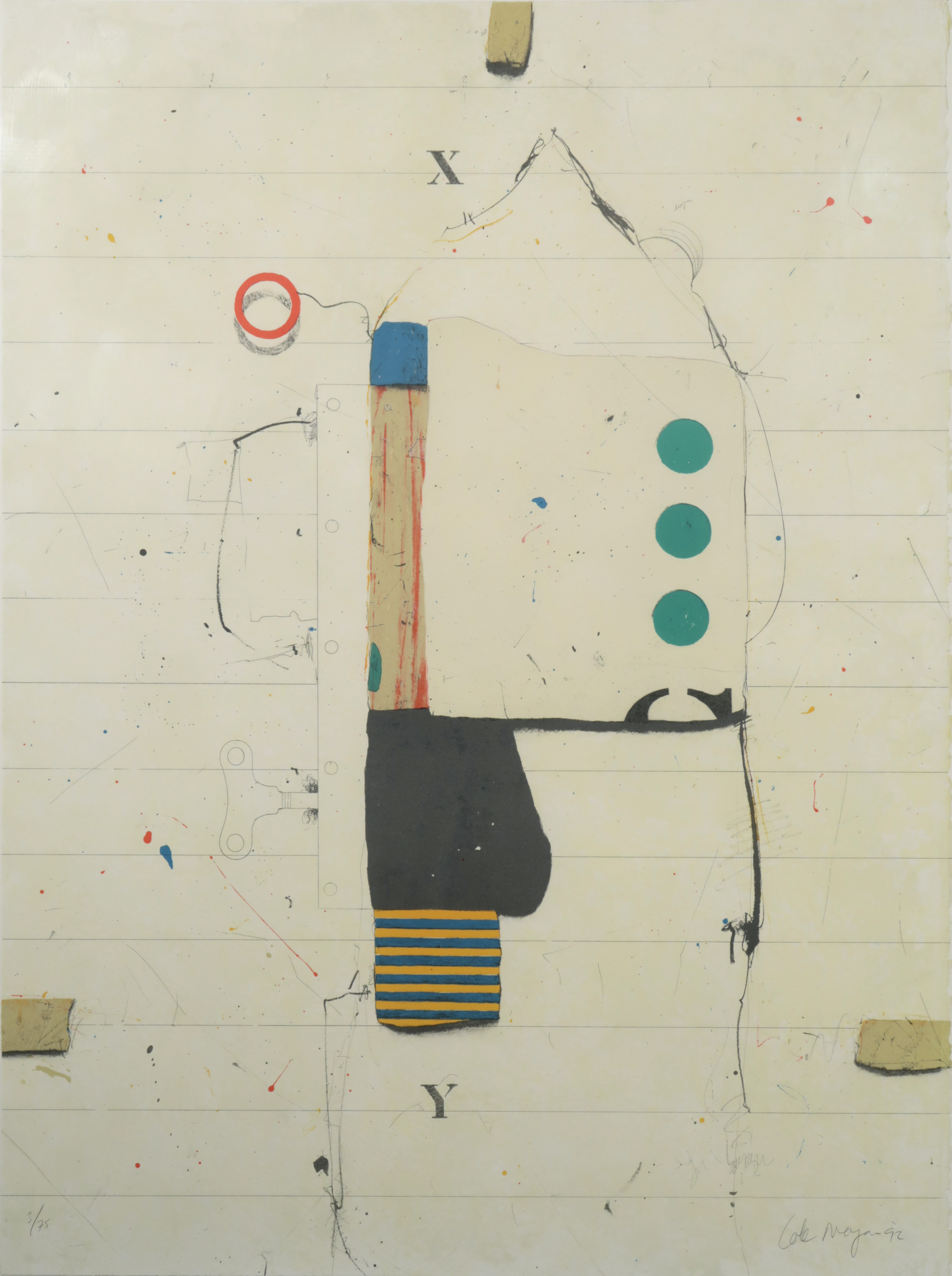 Cole Morgan - Kleurenlitho, Compositie tegen lijnpapier met 3 groene stippen - Ingelijst kopen? Bied vanaf 120!