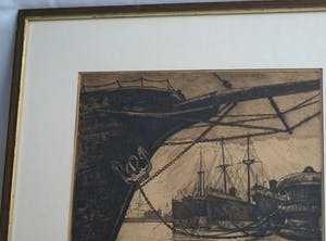 Ton Meyer - Ets, Havengezicht – Enkhuizen? - gesigneerd & ingelijst - 1923 kopen? Bied vanaf 10!