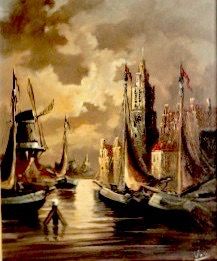 Niet of onleesbaar gesigneerd - Haarlem, Spaarne haven bij maanlicht - Gesigneerd:Vos (wie?) - Prachtige lijst! verkocht voor € 1!