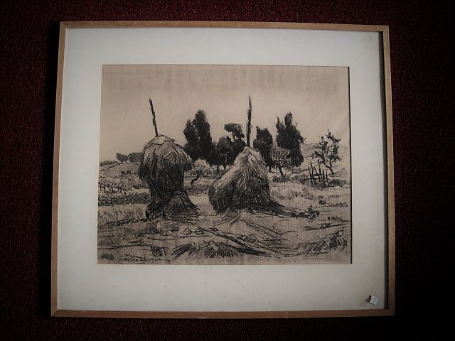 Wil van Dinther - Sterk impressionistisch Houtskool "Brabants landschap met hooimijten" gesigneerd kopen? Bied vanaf 1!