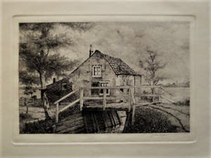 Jan Willem Lindeman - Knappe zg. Droge naald Ets van Huisje in Polderlandschap gesigneerd kopen? Bied vanaf 1!