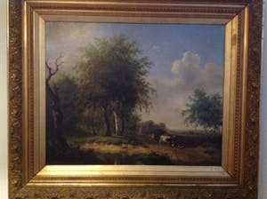Hendrikus van de Sande Bakhuyzen - A wooded landscape with a horseman conversing with a herdsman and cattle kopen? Bied vanaf 2000!