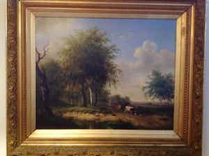 Hendrikus van de Sande Bakhuyzen - A wooded landscape with a horseman conversing with a herdsman and cattle verkocht voor € 2000!