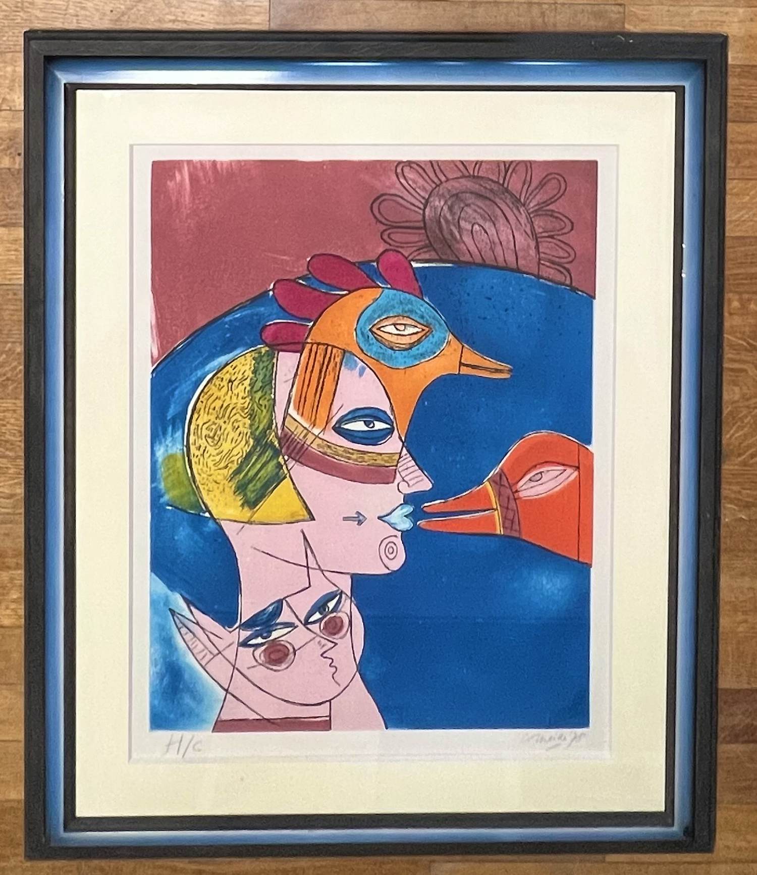 Corneille - Ingelijste antieke ets: Spel tussen katten en vogels, 1978 verkocht voor € 800!