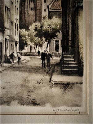 Roger Hebbelinck - Mooie grote handgekleurde Ets "Amsterdam Jordaan Westertoren" mooi gelijst kopen? Bied vanaf 30!