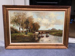 Cor Bouter - C4909, Polderlandschap met koeien en boerin kopen? Bied vanaf 1500!