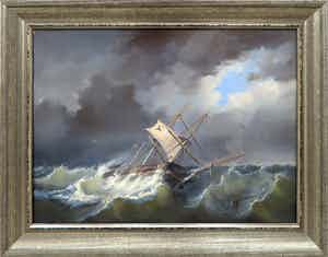 Niet of onleesbaar gesigneerd - (toegeschreven aan J.C. Schotel) - Olieverf op doek, Schip in storm - Ingelijst verkocht voor € 1!