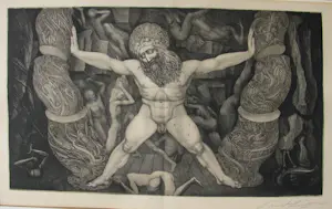 Ernst Fuchs - " SAMSON ZERSTÖRT den TEMPEL DAGONS " 1964 signiert , gerahmt . kaufen? Bieten Sie von 300!