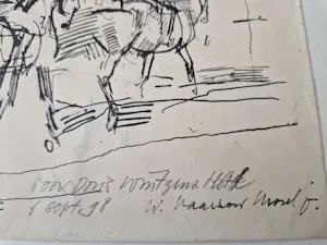 Wim Vaarzon Morel (jr.) - in 1998 gemaakte oostind.inkt tekening "paarden in de binnenstad" met opdracht kopen? Bied vanaf 62!
