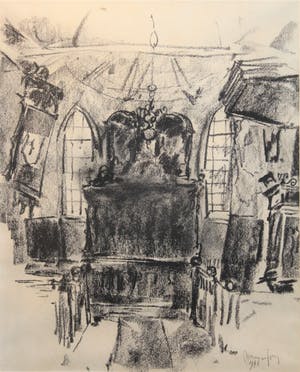 Germ de Jong - Houtskool op papier - "kerkinterieur II" Hooge Beintum Friesland kopen? Bied vanaf 275!