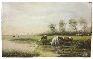 AcheterNiet of onleesbaar gesigneerd - Olieverf op paneel, Landschap met vee? Enchérissez de 1!