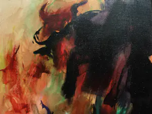 Marli Hommel - Acrylverf op doek: Compositie met stier - 1994 kopen? Bied vanaf 1250!