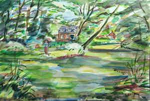 Jan Sluijters (jr.) - Aquarel, Huisje in het bos verkocht voor € 50!