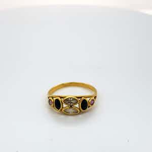 18kt gouden ring met diverse kleurstenen, mt 51/16,25 - 1,66gr verkocht voor € 80!