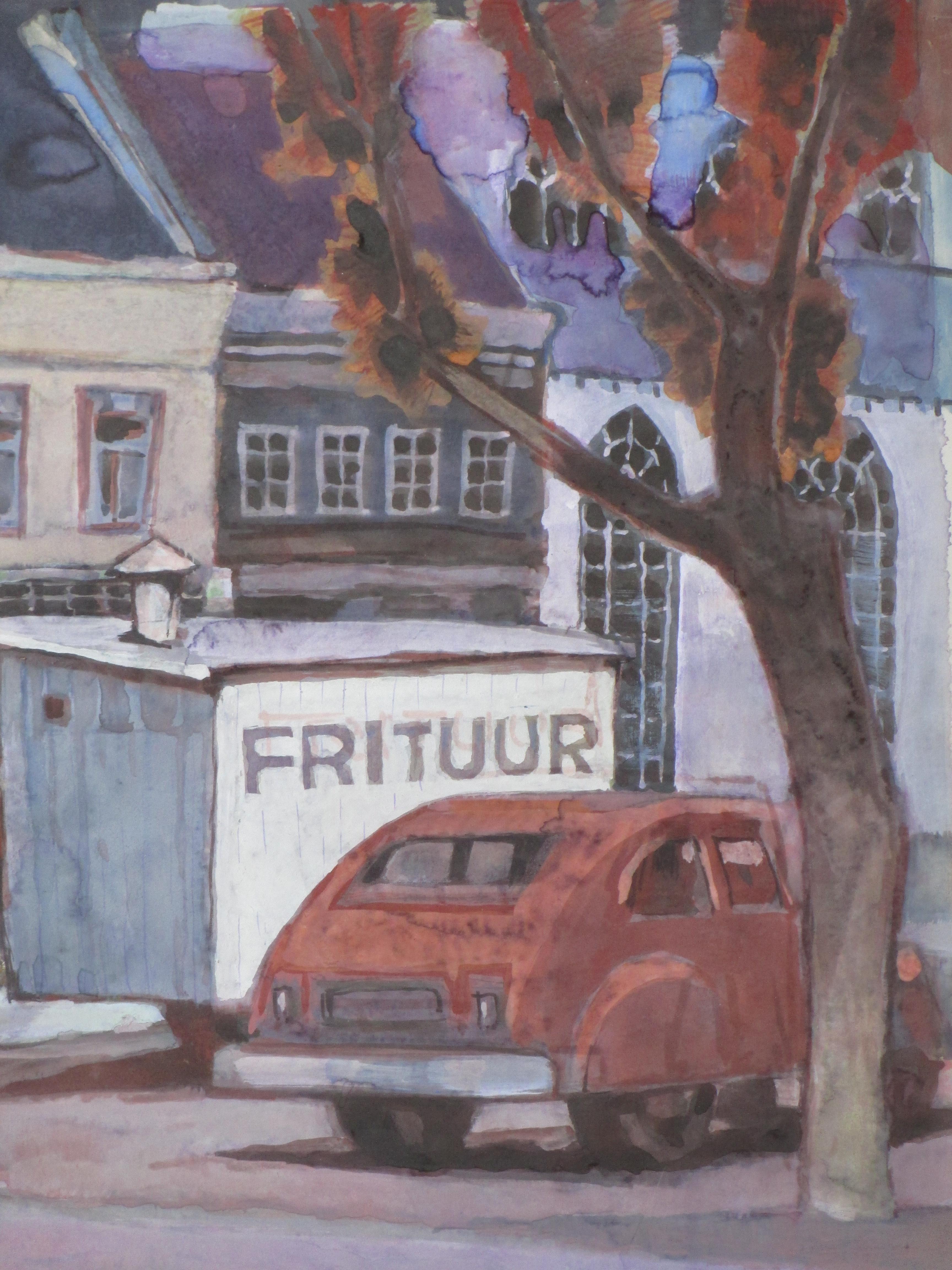 Krijn van Dijke - Marktplein met frituur - Aquarel kopen? Bied vanaf 1!