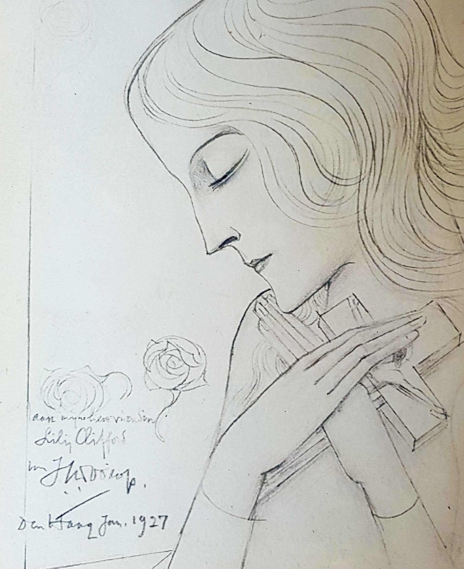 Jan Toorop - litho, Jong meisje in meditatie een kruis omvattend, 1927 verkocht voor € 1!