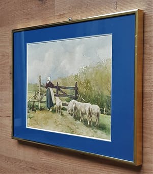 Niet of onleesbaar gesigneerd - boerin met schapen bij hek kopen? Bied vanaf 1!