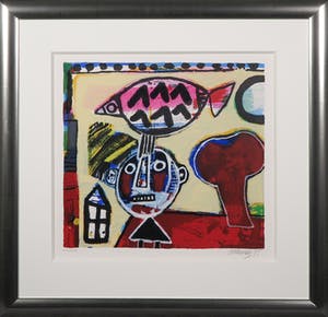 Corneille - Zeefdruk, Enfant et oiseau - Ingelijst kopen? Bied vanaf 160!