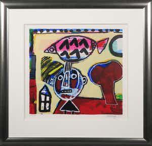 Corneille - Zeefdruk, Enfant et oiseau - Ingelijst verkocht voor € 160!