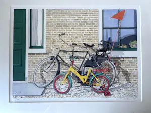 Peter Dumas - Fietsen tegen de muur - Zeefdruk, Ingelijst kopen? Bied vanaf 55!
