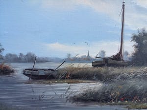 Willem Kroon - Keurig landschap met bootjes kopen? Bied vanaf 70!