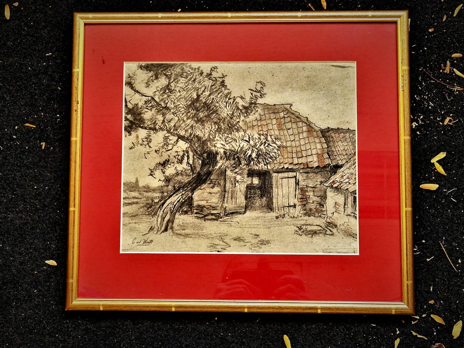 Chris van der Windt - Mooie Houtskool/Pastel - Boerenschuur bij Oegstgeest - exclusief gelijst verkocht voor € 53!