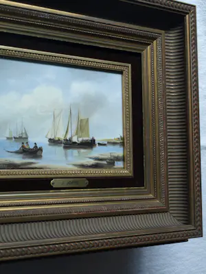 Jens Joppe - Miniatuurschilderij “Schepen” , olieverf op panneel - ingelijst – 13 x 18 cm. kopen? Bied vanaf 100!