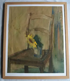 Bob ten Hoope - Ingelijste aquarel , Zonnebloem op Stoel – Lijst, 58 x 48 cm. kopen? Bied vanaf 1!