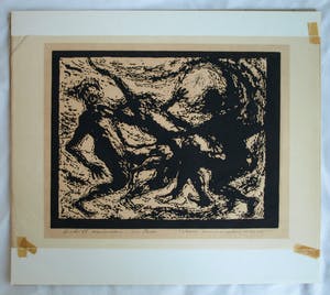 Niet of onleesbaar gesigneerd - Houtsnede , “3 Broers dansend en spelend in de zon” – 1966 kopen? Bied vanaf 1!