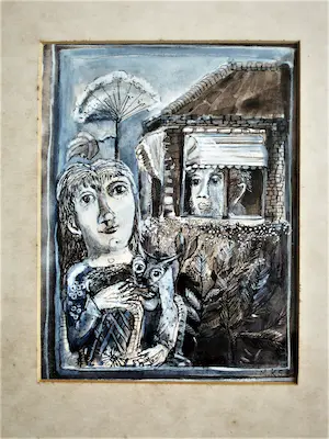 AcheterMieke Kemming-Stork - karakteristieke "Fabel" aquarel in blauw "vrouw met kat" gesigneerd? Enchérissez de 29!