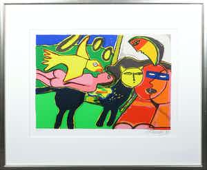 Corneille - Zeefdruk, Femme Orange et L’oiseau Jaune - Ingelijst verkocht voor € 150!